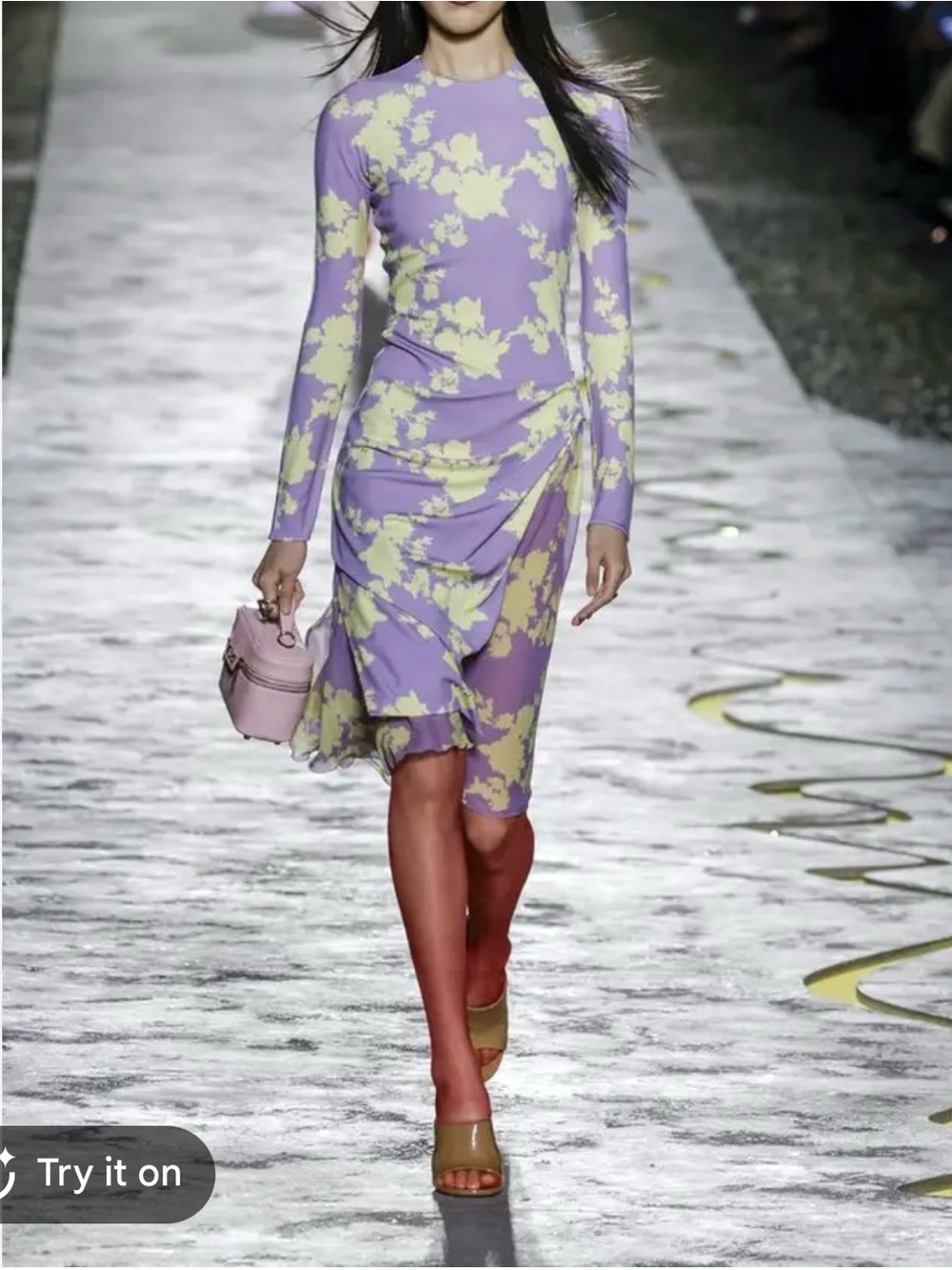 Versace Lavender Long-Sleeve Floral Wrap Dress with Yellow Print
